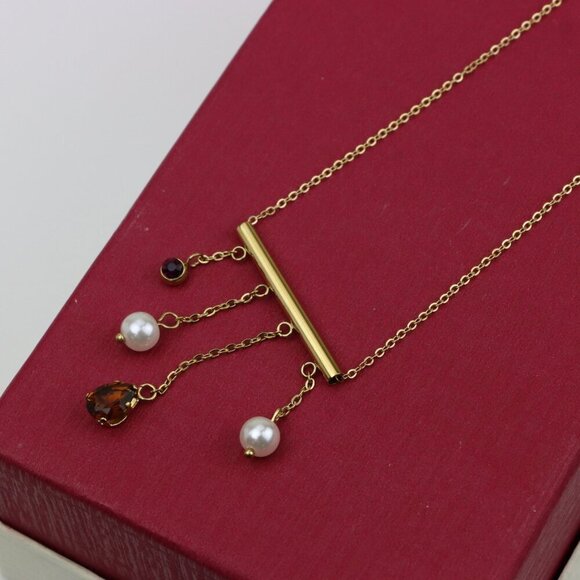 Yellow Gold Plated Pearl Drop Necklace with Crystal Charms, XPNL0361 - Picture 6 of 13